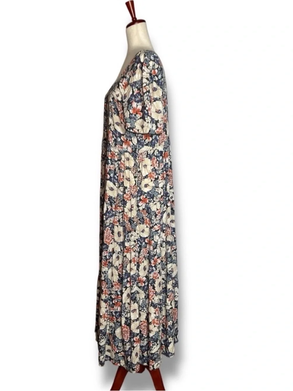 NATURAL LIFE Navy Floral Midi Dress with Cream and Coral Accents - Picture 3 of 6